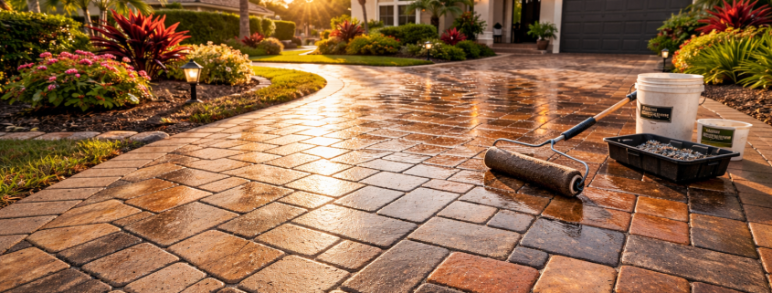 Freshly sealed paver driveway at a Florida home showing restored color and protective finish after professional sealing service