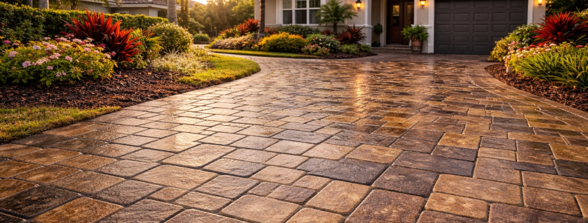 freshly sealed brick paver driveway at Florida home