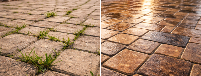 freshly sealed brick paver driveway outside Florida home
