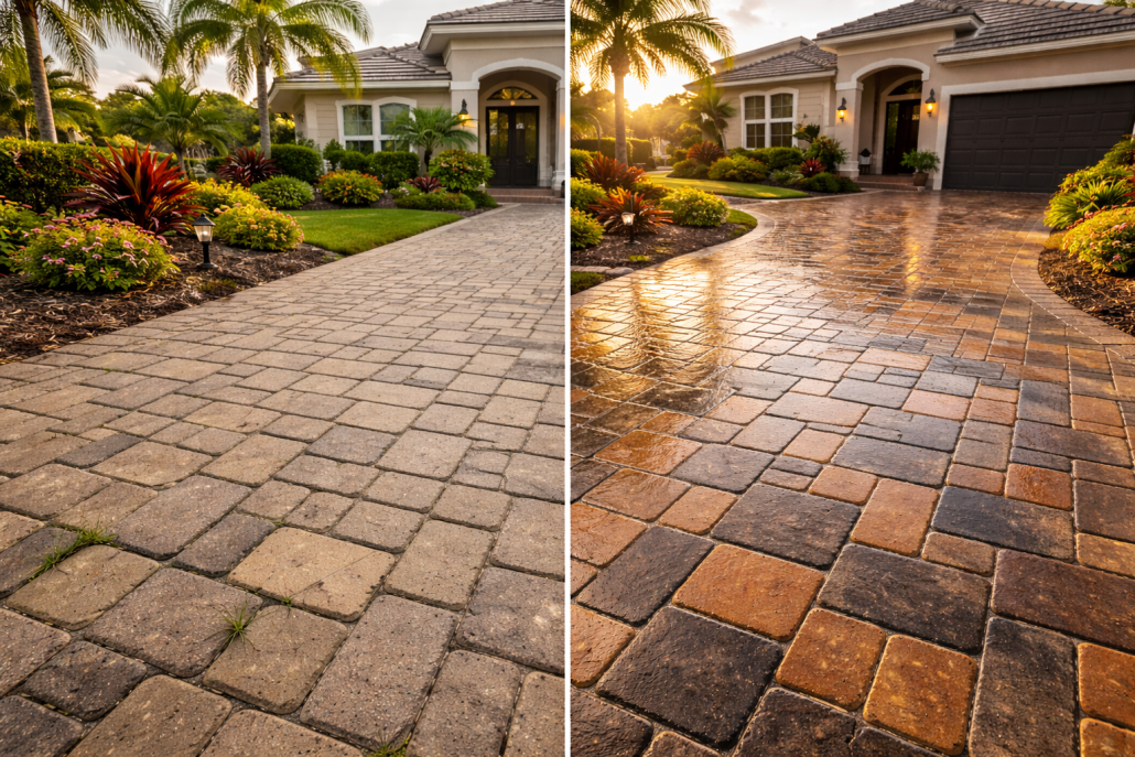 Freshly sealed paver driveway outside a Florida home showing restored color and protective finish