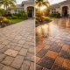 Freshly sealed paver driveway outside a Florida home showing restored color and protective finish