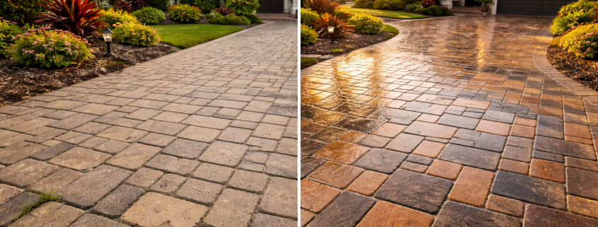 Freshly sealed paver driveway outside a Florida home showing restored color and protective finish