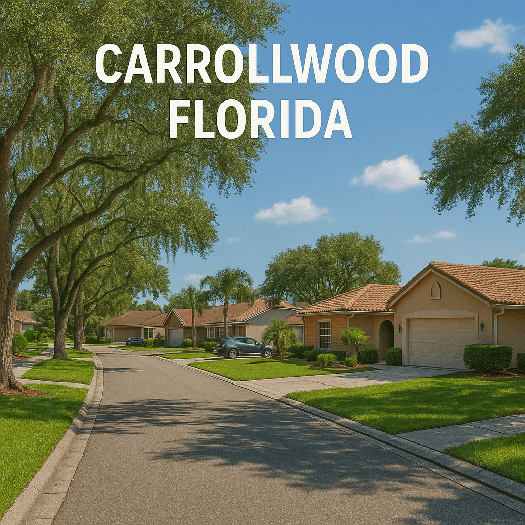 Carrollwood Florida neighborhood street with Florida homes, driveways, and mature oak trees under a sunny sky