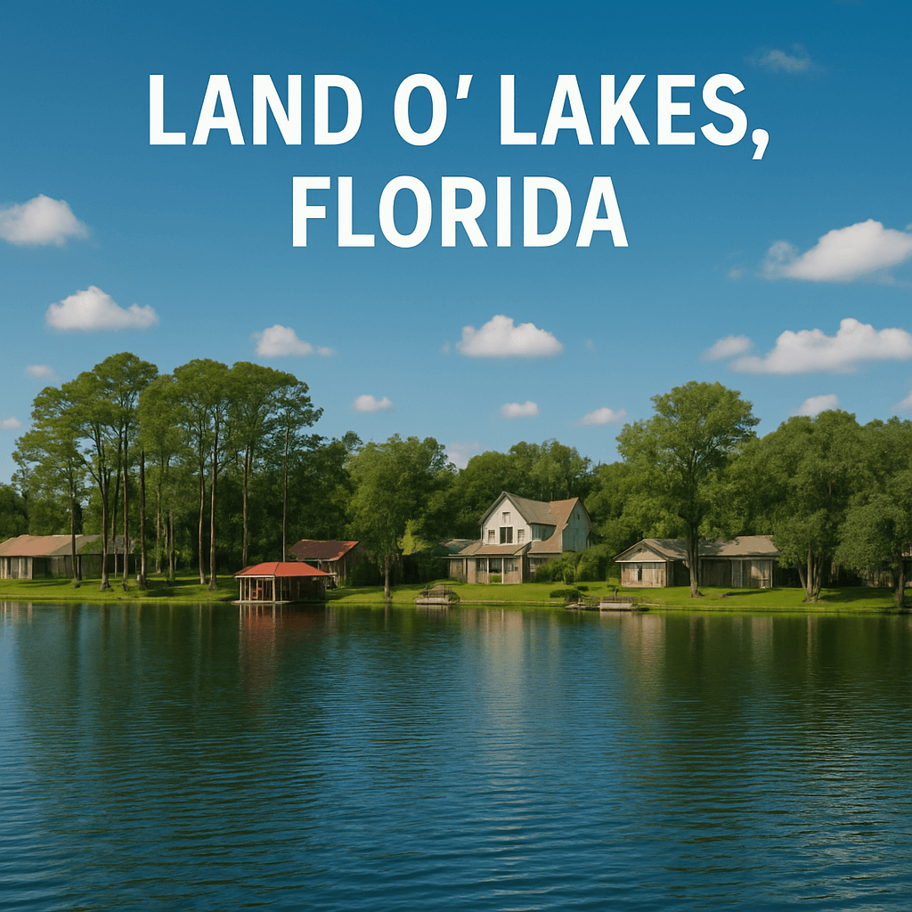 Scenic lakefront homes and lush trees in Land O Lakes, Florida, a community served by Pavers Rescue