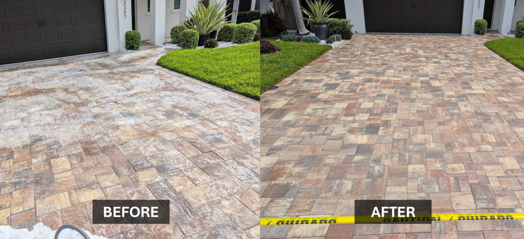 Technician sealing a travertine pool deck paver surface in Tampa, showing roller application and wet shine