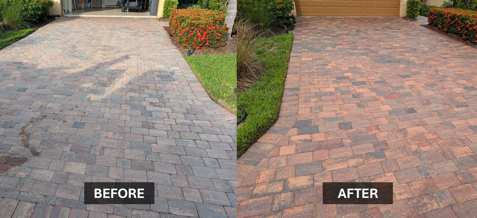 Before and after paver driveway restoration in Lutz showing faded, stained brick pavers transformed with cleaning and sealing