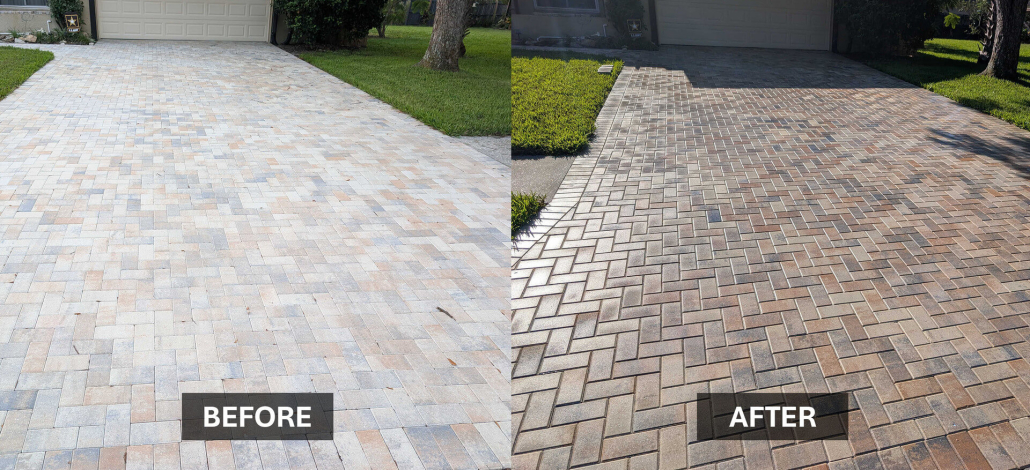 Before and after paver driveway sealing in Lutz restoring faded brick pavers to rich, vibrant color