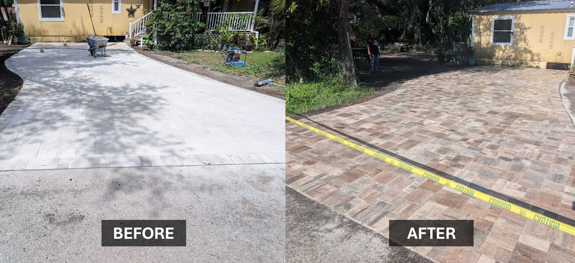 Before and after paver driveway installation in Clearwater, showing plain concrete replaced with rich brick-tone pavers