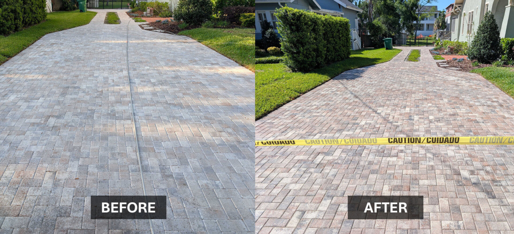 Before and after paver driveway restoration in Clearwater showing renewed color and clean joints on brick pavers