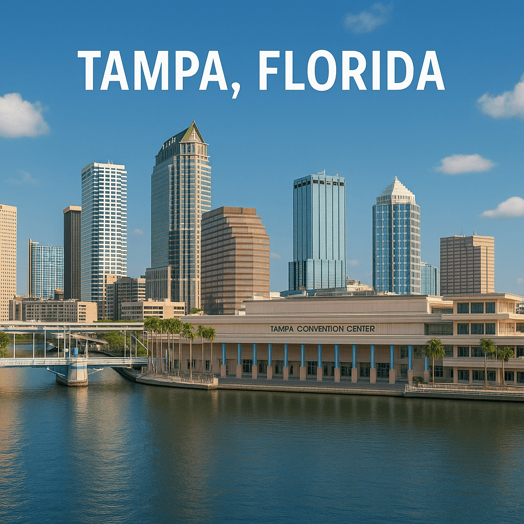 Tampa, Florida skyline with Convention Center along the waterfront, a key service area for Pavers Rescue