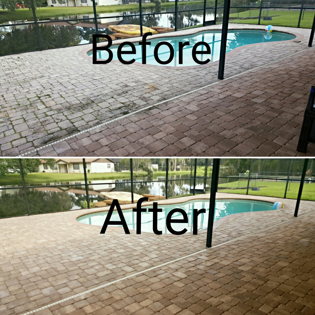 Before and after paver cleaning on a Tampa Bay pool deck, showing algae and mold removal on unsealed pavers