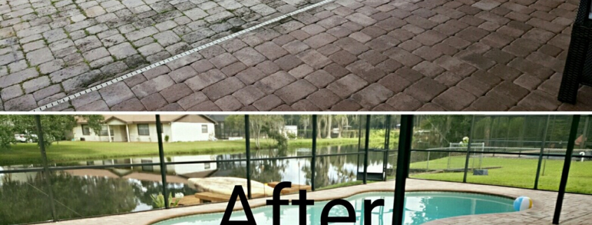 Before and after paver sealing on a Tampa Bay pool deck showing weather-damaged pavers restored to like-new condition