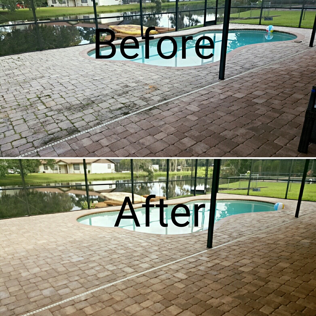 Before and after paver sealing on a Tampa Bay pool deck showing weather-damaged pavers restored to like-new condition
