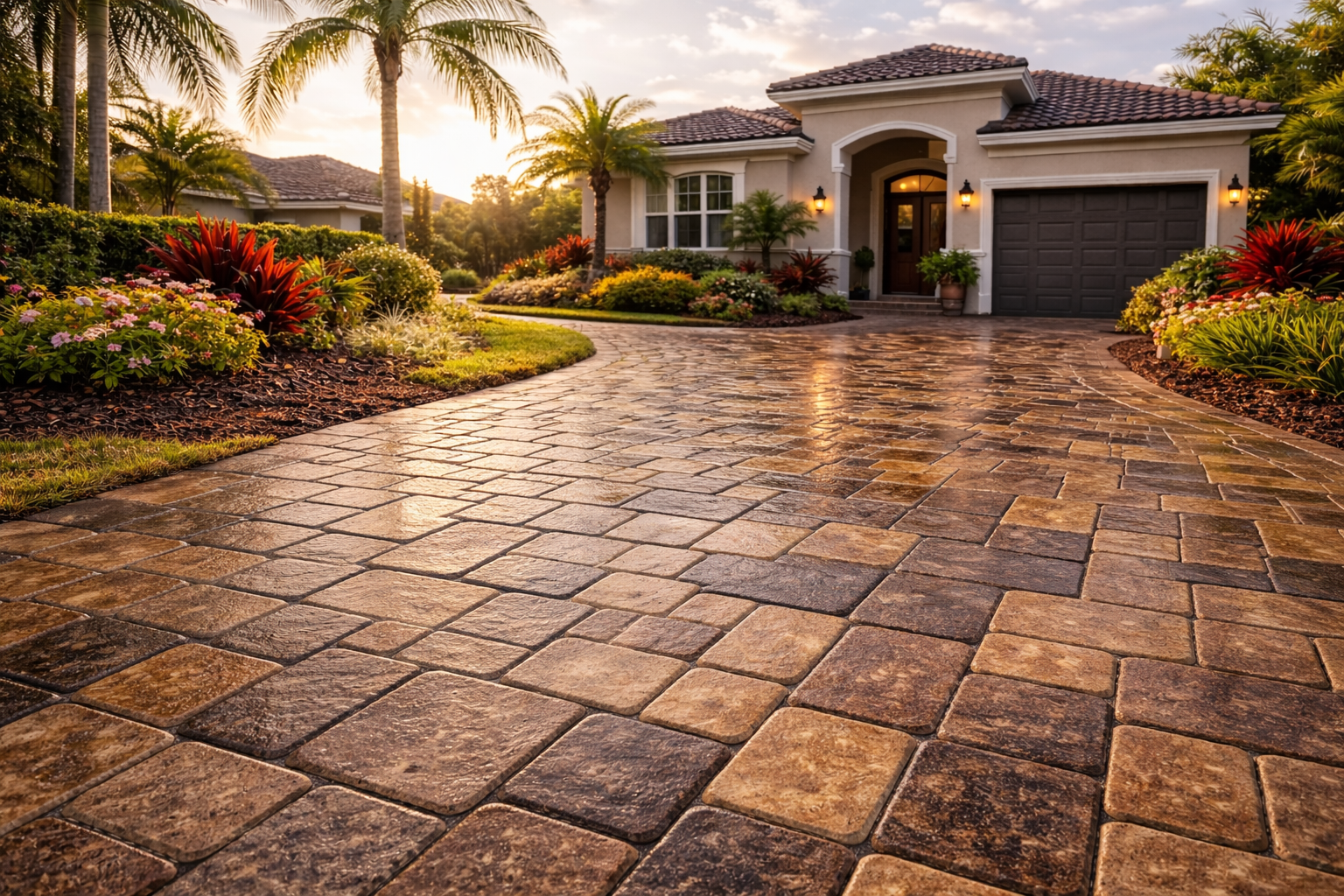 Brick paver driveway installation at a Florida home in Clearwater FL with lush landscaping and palm trees