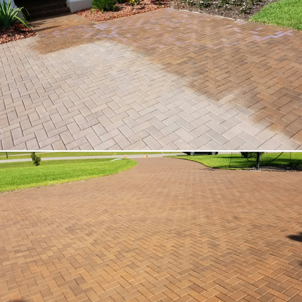 Before and after paver driveway cleaning and resealing by Paver Rescue LLC in Tampa Bay FL