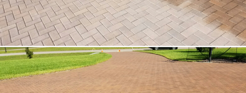 Before and after paver driveway cleaning and resealing by Paver Rescue LLC in Tampa Bay FL