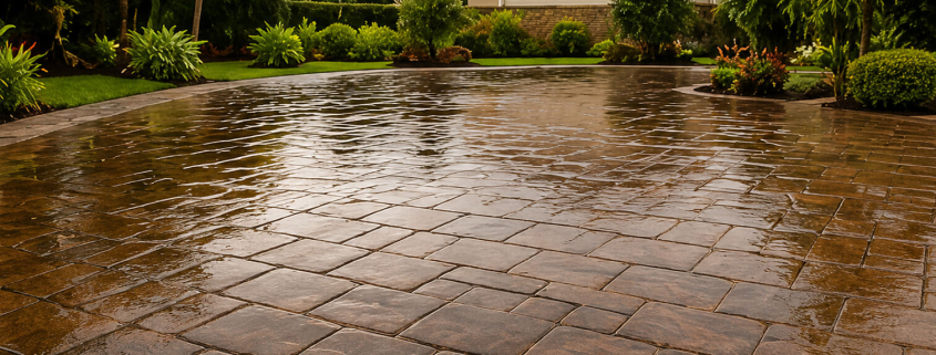 Sealed paver driveway glistening wet after heavy rain at a Clearwater Tampa Bay Florida home