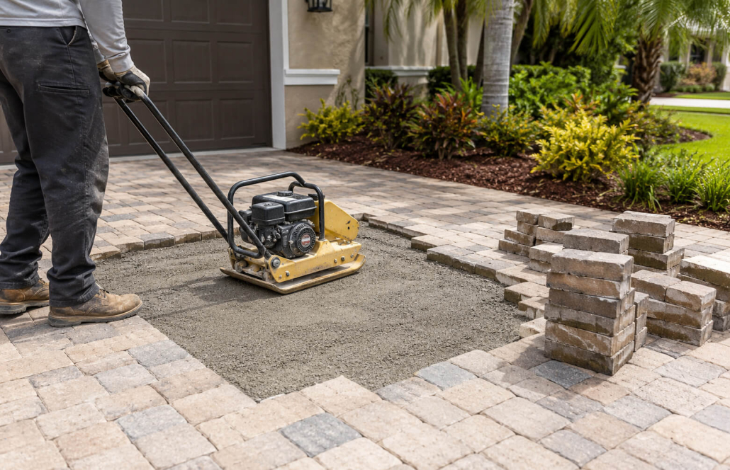 Contractor using plate compactor to repair lifted pool deck pavers in Tampa Bay FL area