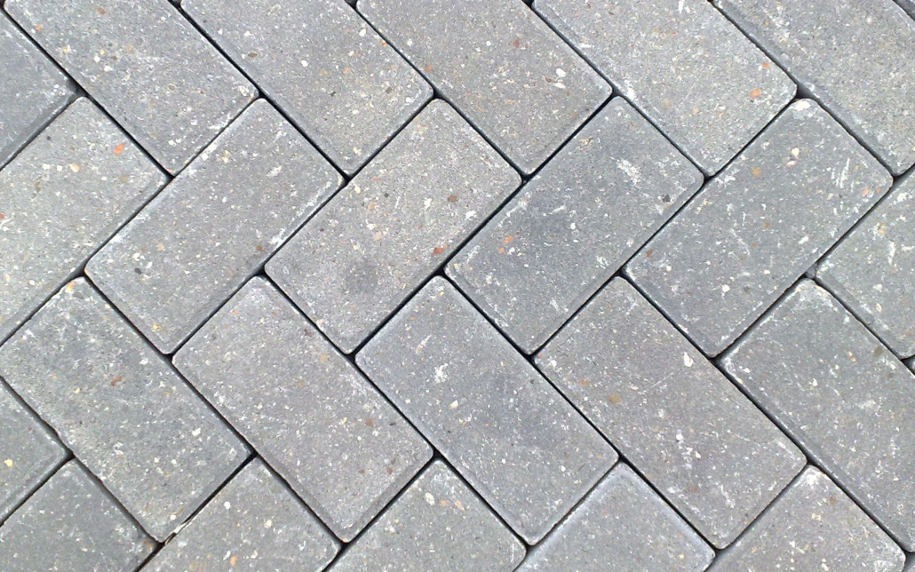 Close-up of gray pavers with visible efflorescence white mineral deposits, common on Florida hardscapes in humid Tampa Bay climate.