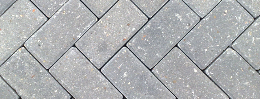 Close-up of gray pavers with visible efflorescence white mineral deposits, common on Florida hardscapes in humid Tampa Bay climate.