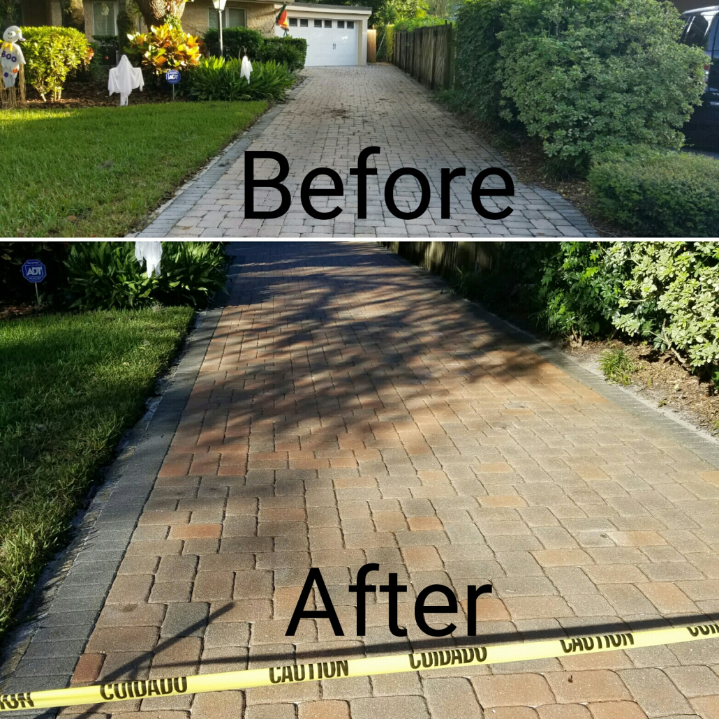 Before and after paver driveway sealing by a Tampa Bay contractor, showing restored color and clean finish