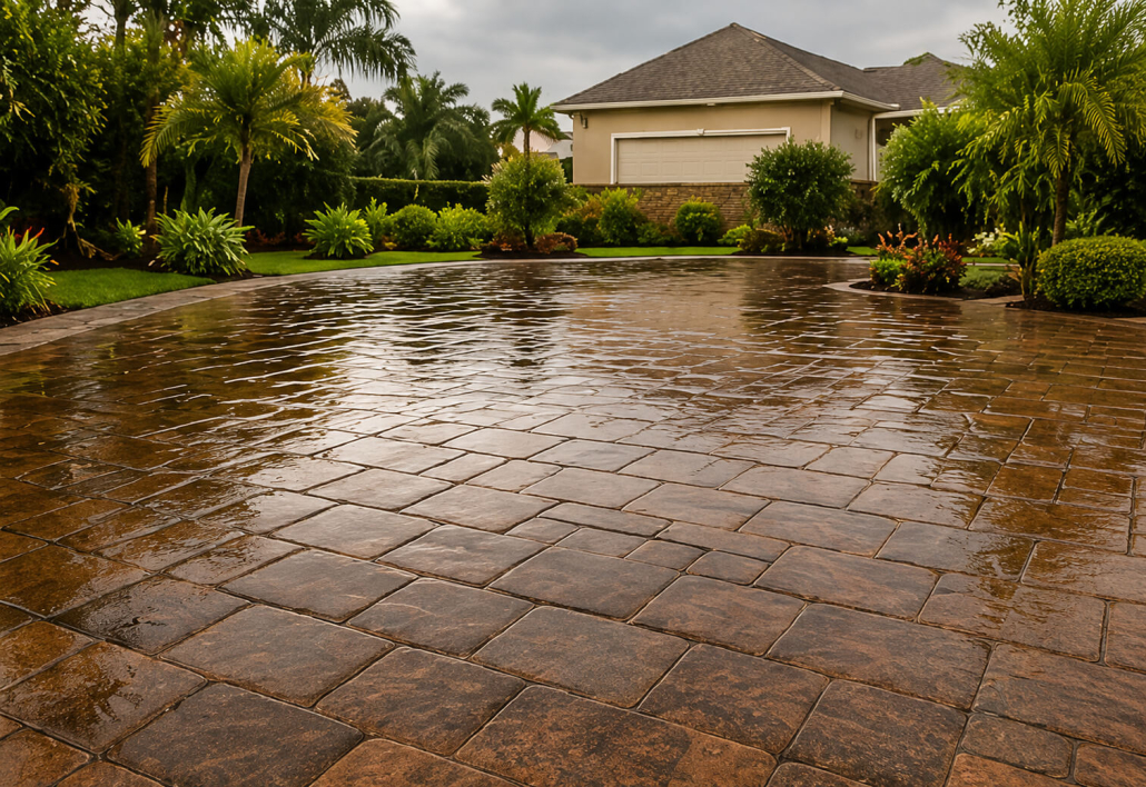 Sealed paver driveway glistening in heavy Florida rain, showing hurricane-season readiness for Pasco County homeowners