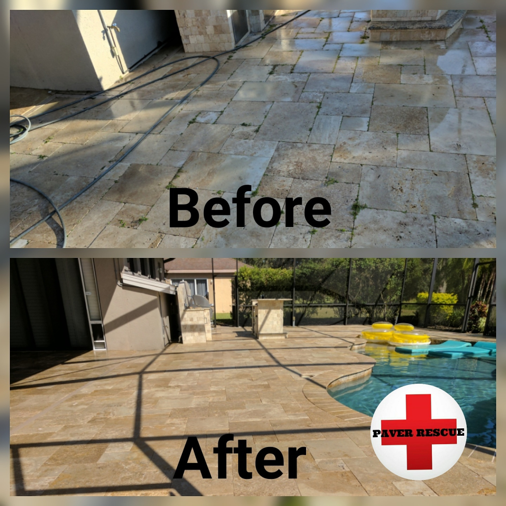Before and after paver sealing on a Tampa pool deck, showing restored pavers beside a backyard swimming pool.