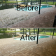 Before and after paver sealing on a Tampa Bay pool deck showing weather damage restored to like-new condition