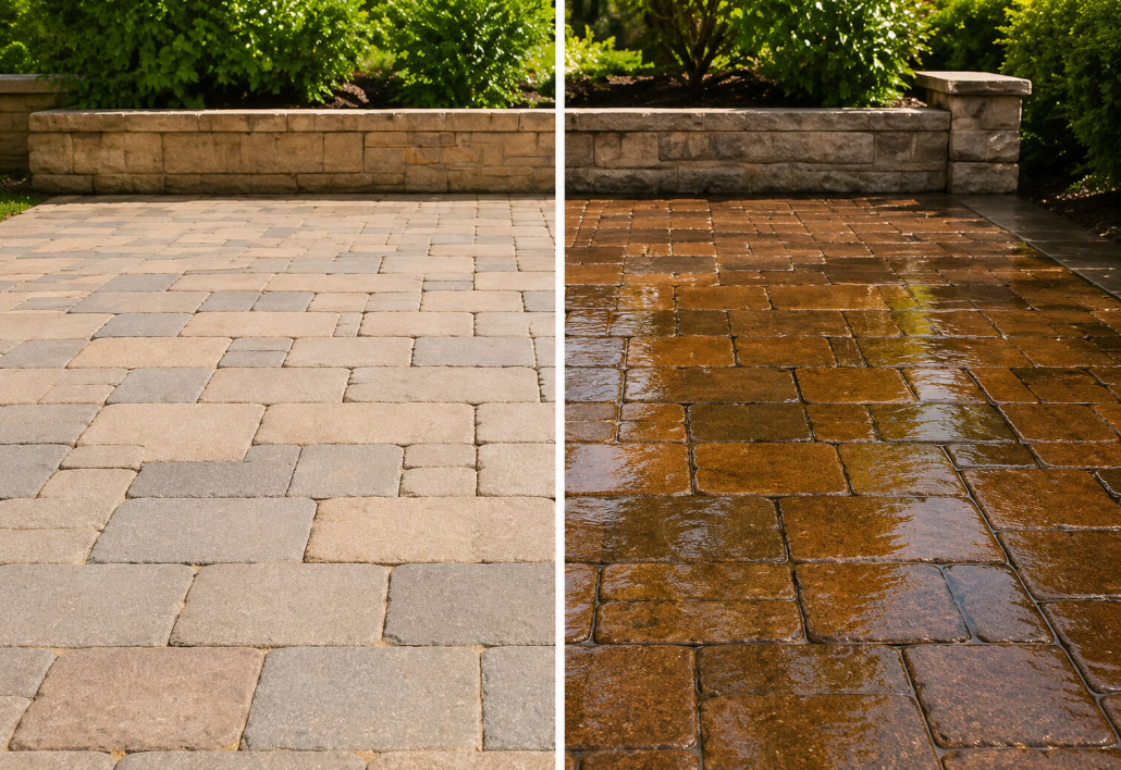Side-by-side comparison of matte vs wet look paver sealer finish on a patio in Tampa, FL
