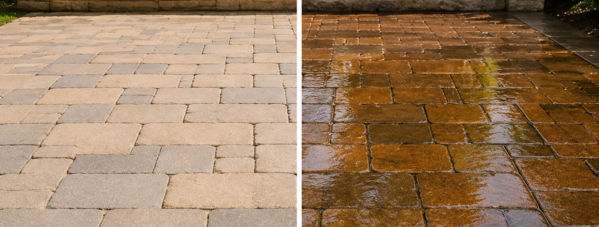 Side-by-side comparison of matte vs wet look paver sealer finish on a patio in Tampa, FL