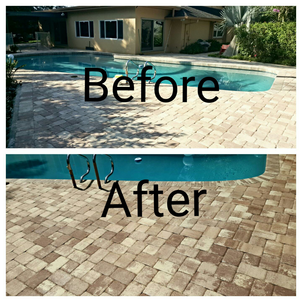 Before and after paver sealing on a Tampa Bay pool deck, showing restored color and protected surface finish
