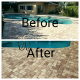 Before and after paver sealing on a Tampa Bay pool deck, showing restored color and protected surface finish