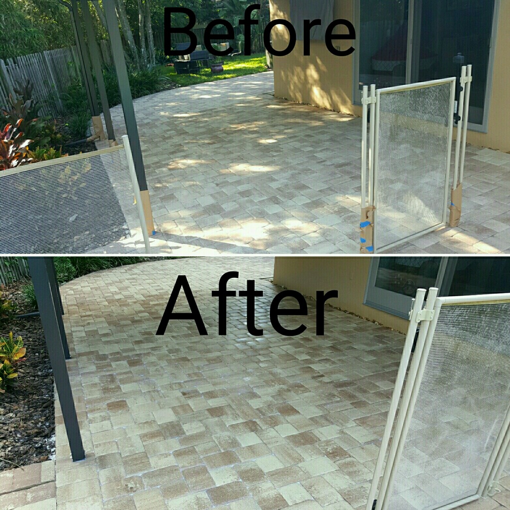 Before and after paver sealing on a Florida patio – professional paver contractor results in Clearwater, FL