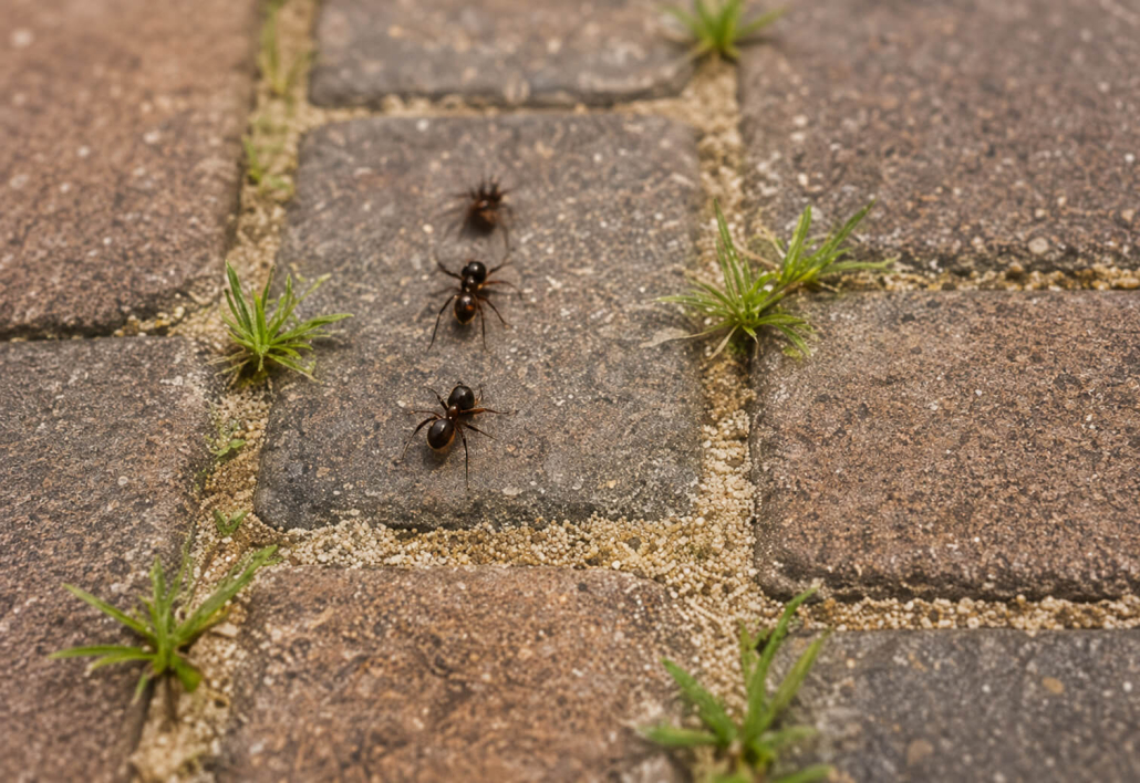 Close-up of paver joints with sand loss, ants, and weed growth — signs joint sand needs replacement before Tampa's rainy season