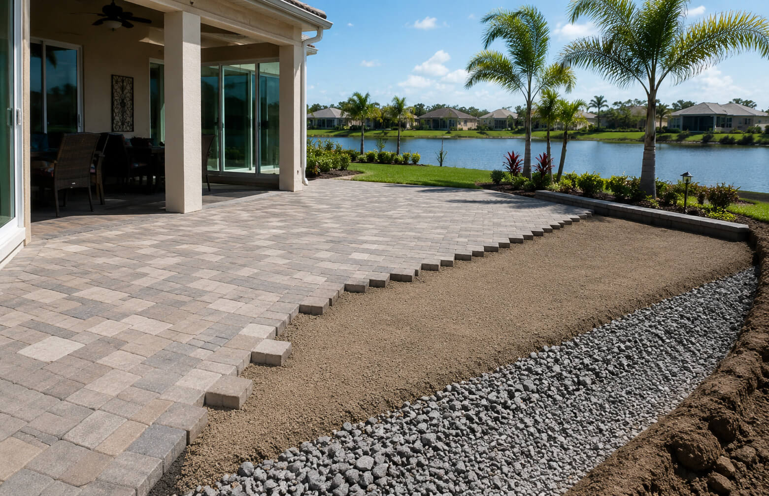 Paver patio installation in progress at a Florida home, showing compacted base and freshly laid pavers near a pool and lake