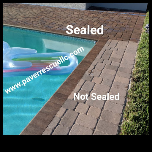 Sealed vs. unsealed pool deck pavers side-by-side comparison at a Florida home, showing the difference sealing makes.