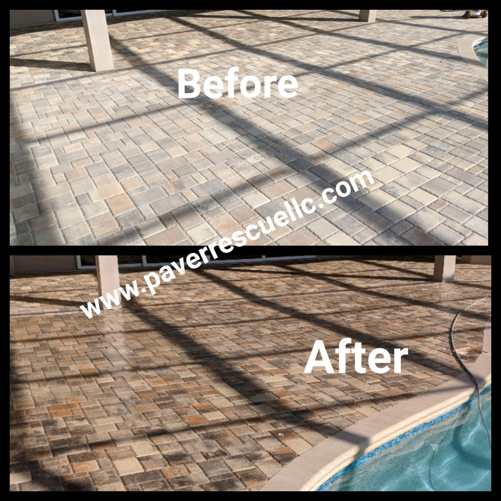 Before and after paver restoration on a Florida pool deck patio, showing renewed color and sealed surface in Tampa Bay area