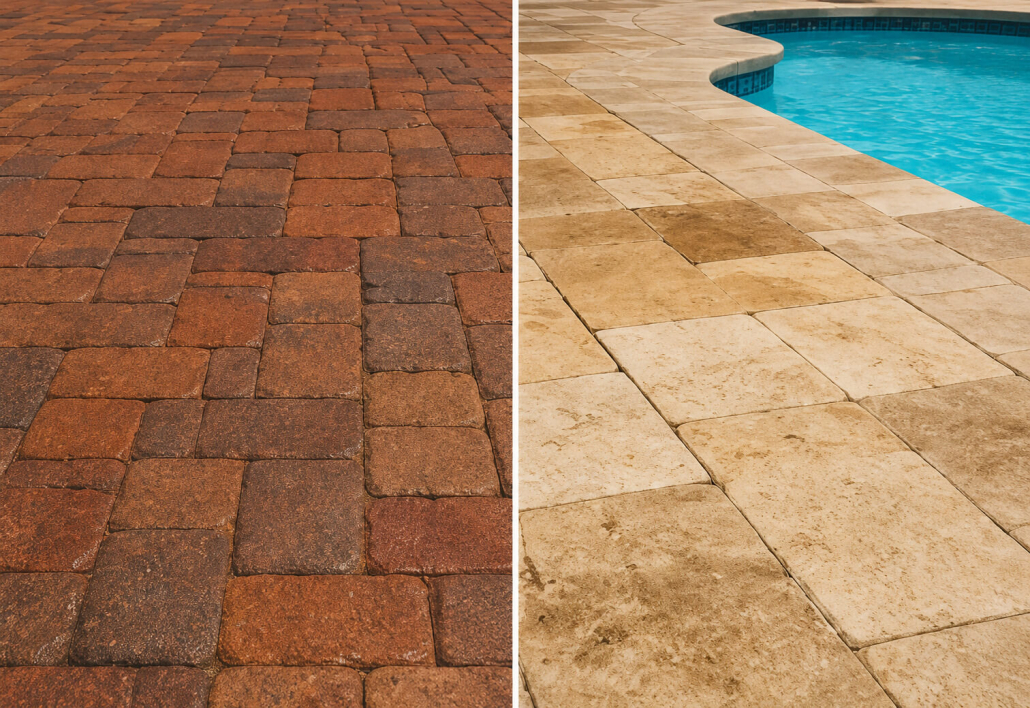 Side-by-side comparison of brick pavers and travertine pavers near a pool, showing different textures requiring different sealers in Florida