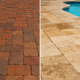 Side-by-side comparison of brick pavers and travertine pavers near a pool, showing different textures requiring different sealers in Florida