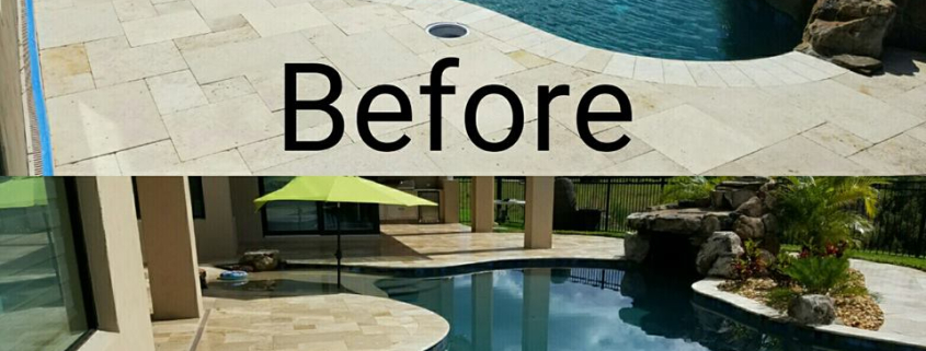 Before and after travertine pool deck paver restoration in Wesley Chapel FL showing stained pavers cleaned and sealed