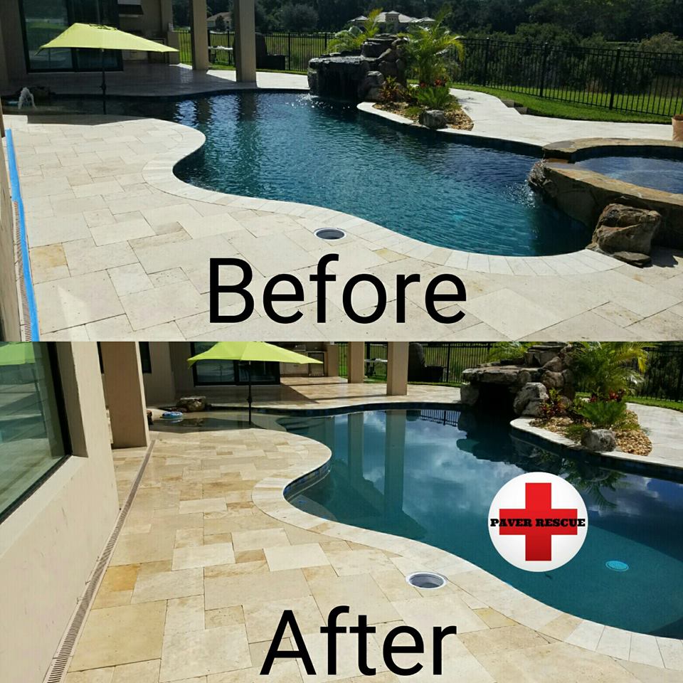 Before and after travertine pool deck paver restoration in Wesley Chapel FL showing stained pavers cleaned and sealed
