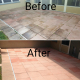 Before and after paver patio in Brandon FL showing mold and rain damage restored after cleaning and sealing