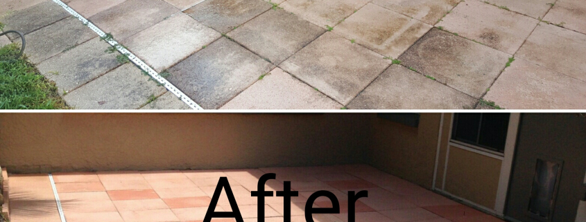 Before and after paver patio in Brandon FL showing mold and rain damage restored after cleaning and sealing