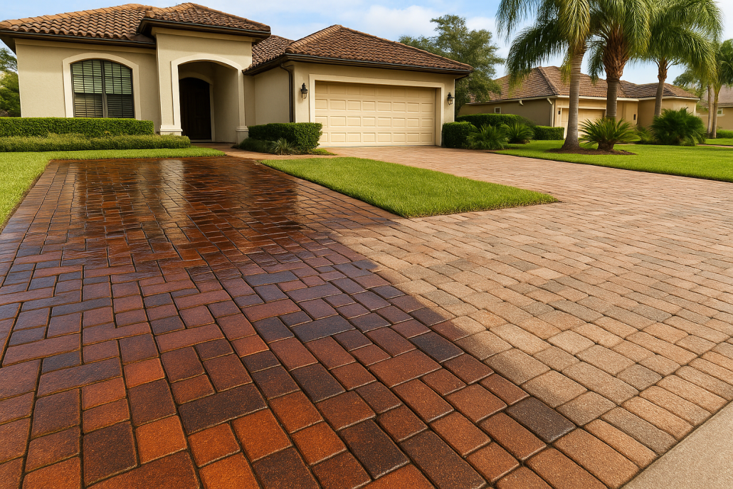 Freshly sealed paver driveway at a Tampa Bay Florida home showing restored color after rainy season fading