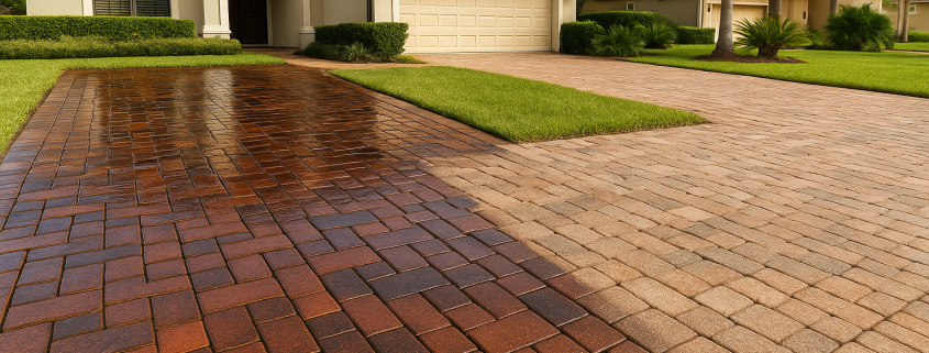 Freshly sealed paver driveway at a Tampa Bay Florida home showing restored color after rainy season fading