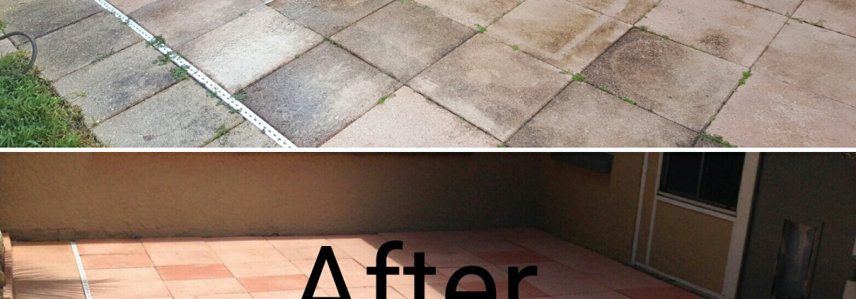 Before and after paver cleaning and sealing on a Brandon FL patio, showing mold and stains removed to reveal restored pavers