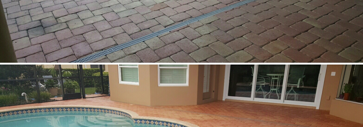 Before and after pool deck paver restoration in Lutz FL, showing dramatically refreshed color and sealed surface beside a residential pool.