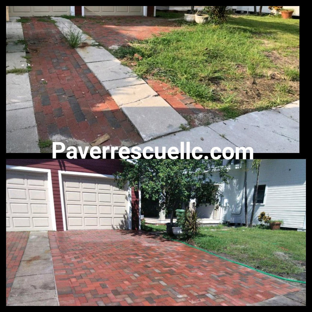 Before and after brick paver driveway repair in Brandon FL — weedy, rain-damaged pavers restored to a clean, sealed surface.