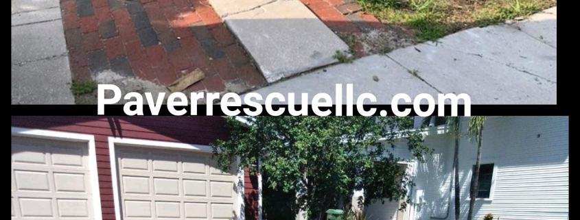 Before and after brick paver driveway repair in Brandon FL — weedy, rain-damaged pavers restored to a clean, sealed surface.