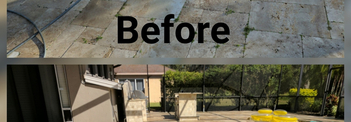 Before and after travertine pool deck paver sealing and restoration in Lutz FL showing clean sealed finish